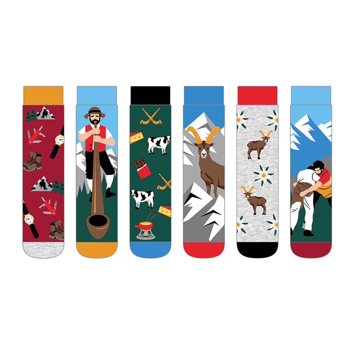 United Oddsocks Swiss You Were Here 39-46, Socken mit typische Schweizer Motive und die Schönheit der Schweiz