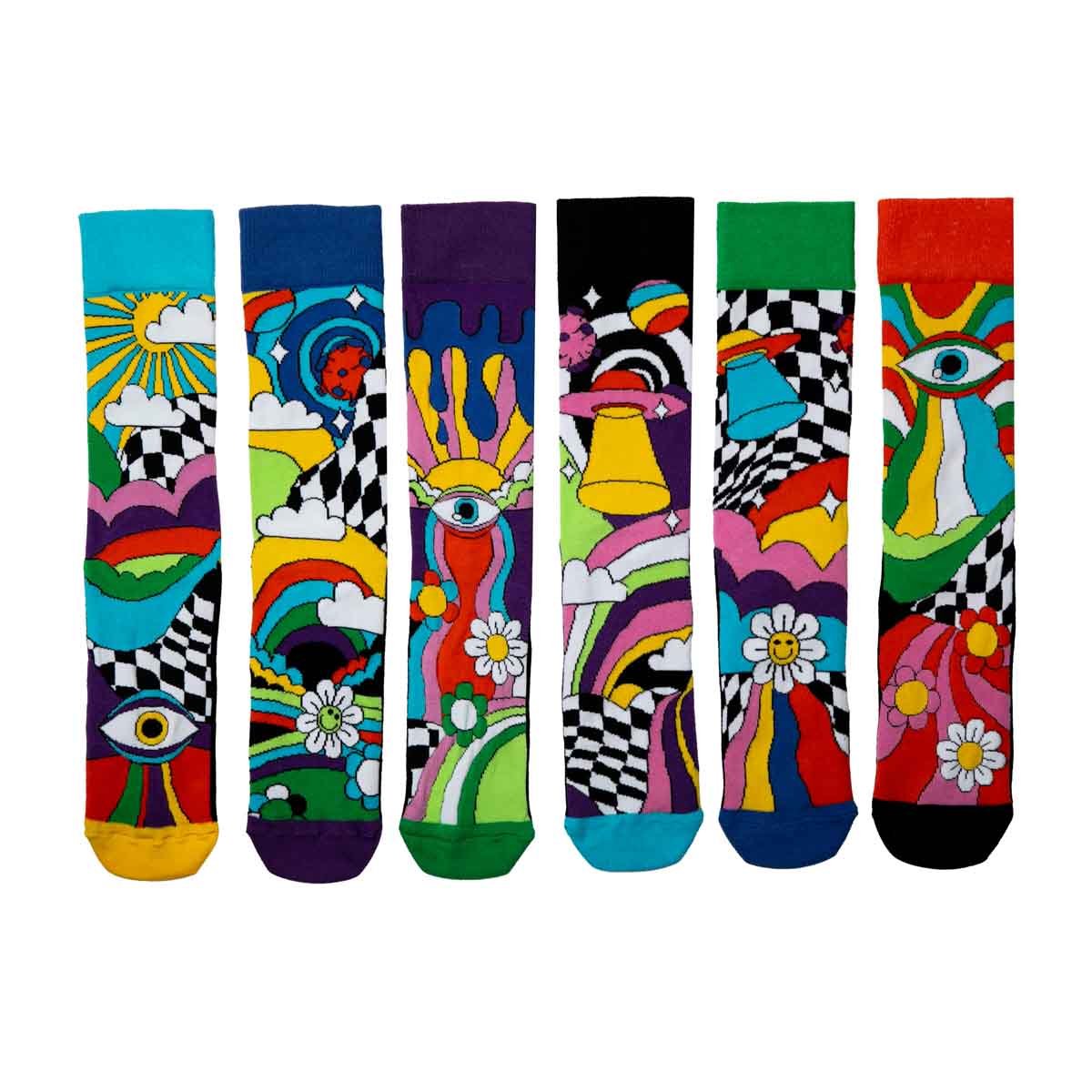 United Oddsocks Sockedelic 39-46, Socken mit Regenbogen, Sonnenstrahlen, Blumen und kaleidoskopartige Muster