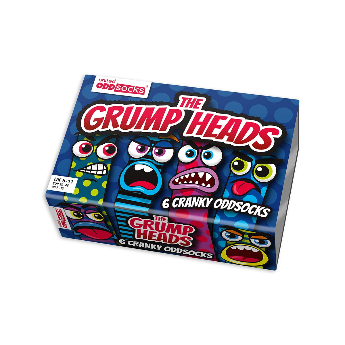 United Oddsocks The Grump Heads 39-46, Sockenbox mit mürrischen Gesichtern und schrägen Charakteren, produktansicht 1