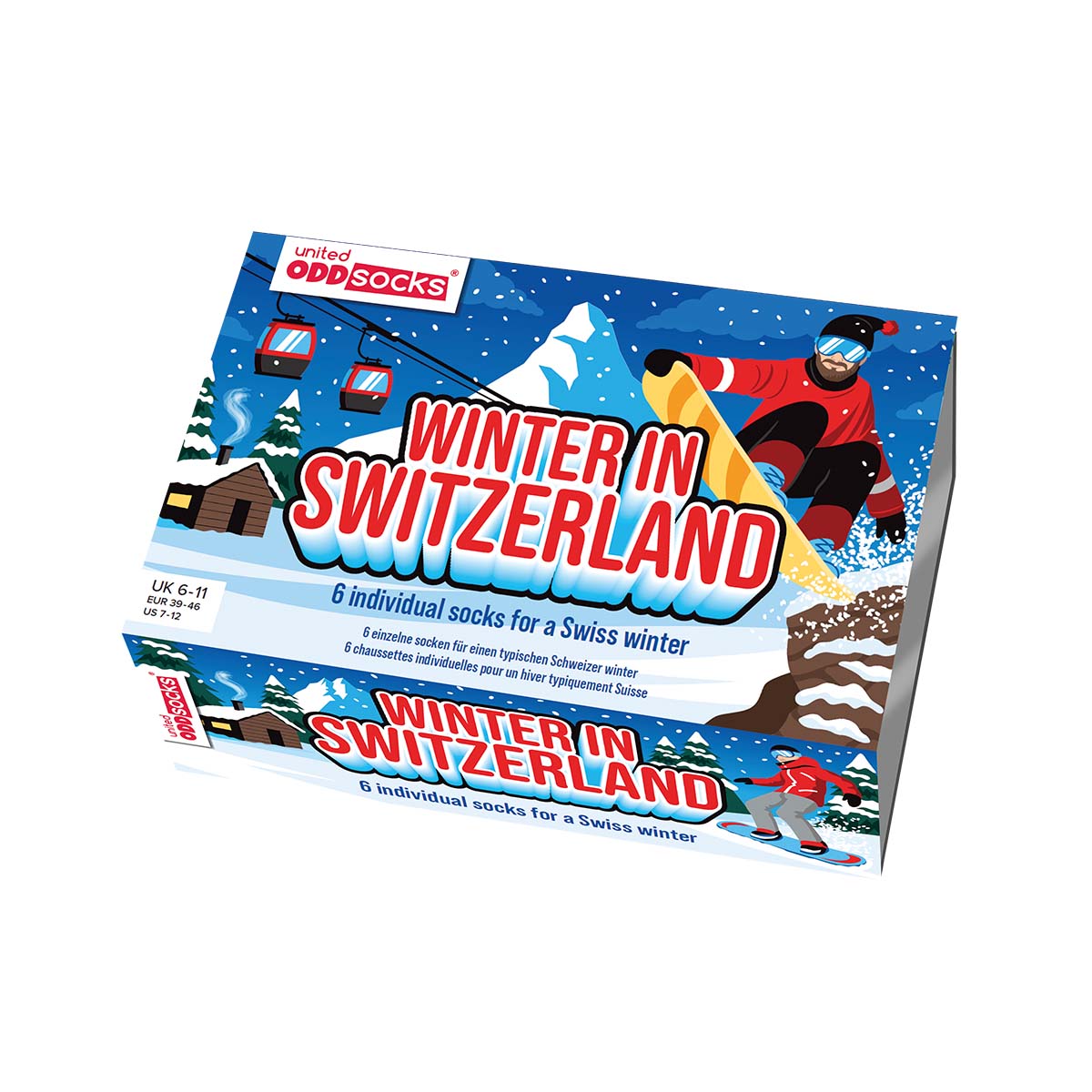 United Oddsocks Winter in Switzerland 39-46, 6 Socken mit der Magie des Schweizer Winters, Geschenkbox-Bild