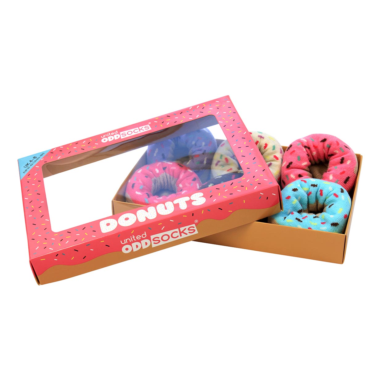 United Oddsocks Donuts 37-42, Zuckersüsse Donuts-Geschenkbox mit 6 Einzelsocken, produktansicht 2