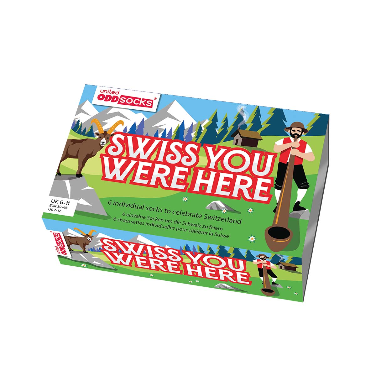 United Oddsocks Swiss You Were Here 39-46, Socken mit typische Schweizer Motive und die Schönheit der Schweiz, produktansicht 1